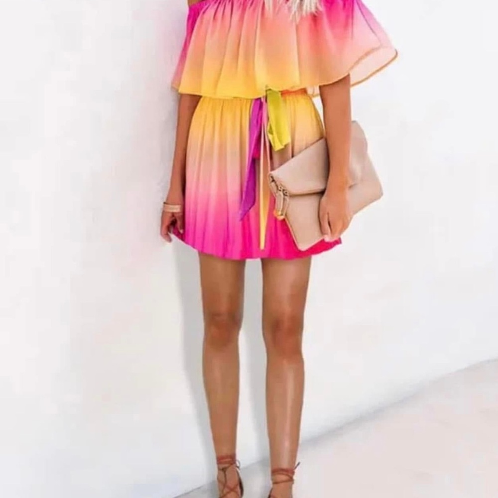 Vibrant Pink and Yellow Off-Shoulder Dress